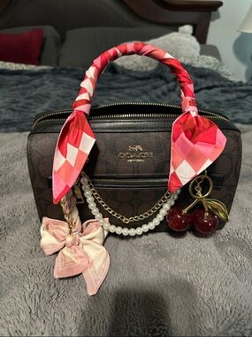 Coach Brown Signature Rowan with Pink Scarf Handle